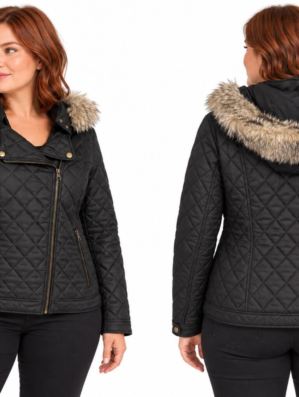 Banana Republic Women’s Black Quilted Moto Jacket Faux Fur Trim Hood - XL